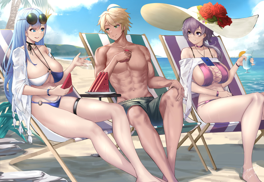 1boy 2girls abs absurdres azur_lane beach bikini blonde_hair blue_eyes blue_hair breasts clothing_cutout commentary commission drink english_commentary flower hat hat_flower highres holding holding_drink irkawaza large_breasts long_hair looking_at_another multiple_girls official_alternate_costume palm_tree purple_hair reno_(azur_lane) reno_(summer_spin-off)_(azur_lane) short_hair sideboob swimsuit ticonderoga_(azur_lane) ticonderoga_(sunshine_princess)_(azur_lane) tree underboob_cutout water