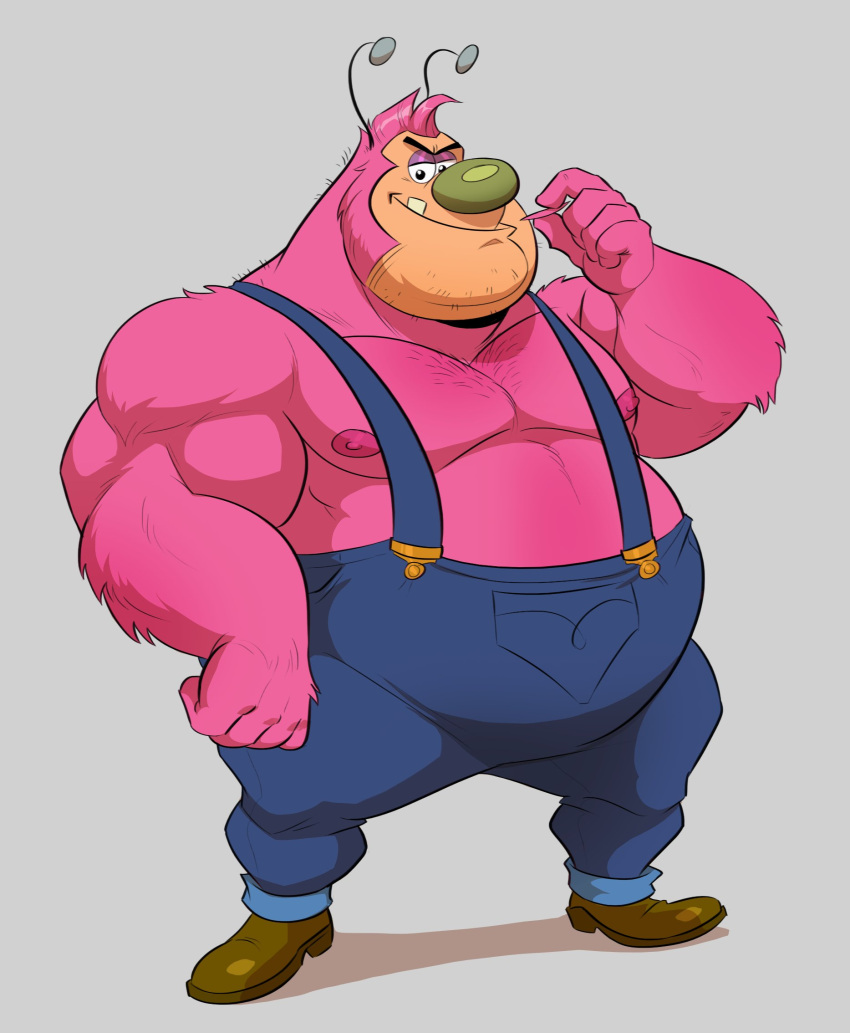 5_fingers antennae_(anatomy) anthro belly big_belly blue_overalls cartoon_network clothed clothing fingers fur fuzzy_lumpkins green_nose hi_res humanoid_hands male musclegut muscular muscular_anthro muscular_male nipples overalls overweight overweight_anthro overweight_male pink_belly pink_body pink_fur pink_nipples powerpuff_girls simple_background solo thebluebear27