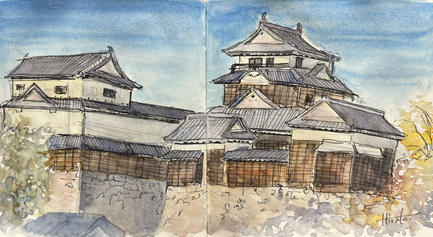 architecture blue_sky building castle east_asian_architecture highres hinata_orcat no_humans original painting_(medium) sky stone_wall traditional_media tree watercolor_(medium)