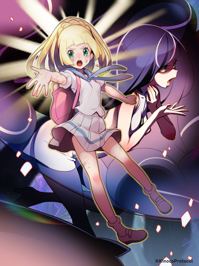 2girls :o backpack bag blonde_hair blunt_bangs braid commentary_request french_braid green_eyes highres kinocopro legs lillie_(pokemon) long_hair looking_at_viewer lusamine_(pokemon) mother_and_daughter multiple_girls open_mouth outstretched_arms pink_bag pleated_skirt pokemon pokemon_sm shirt shoes short_sleeves skirt socks twitter_username watermark white_shirt white_skirt