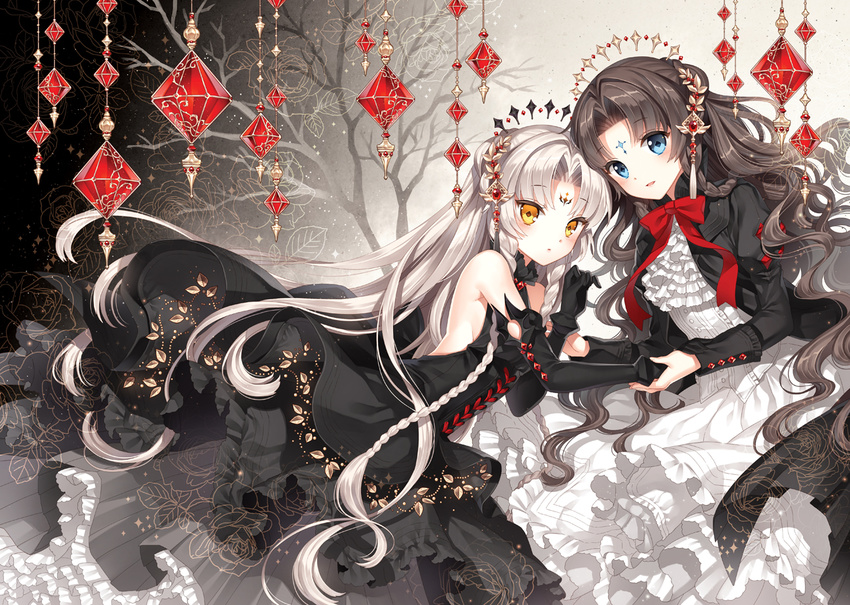 black_dress black_hair blue_eyes blush bow braid cravat dress flower frills hair_ornament holding_hands leaf long_hair looking_at_viewer multiple_girls nardack original ornament silver_hair smile tree twin_braids very_long_hair white_dress yellow_eyes