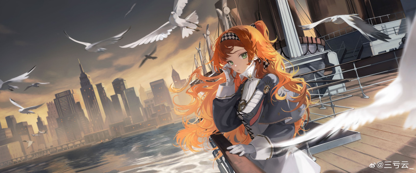 1girl absurdres adjusting_hair bird building checkered_hairband city cloud collared_dress dress dutch_angle floating_hair from_side gloves green_eyes grey_cloak grey_sky hand_in_own_hair hand_on_railing hand_up high_collar highres long_hair long_sleeves looking_at_viewer ocean orange_hair parted_lips puffy_long_sleeves puffy_sleeves reverse:1999 sanmuyun seagull ship ship_deck sky skyline solo sonetto_(reverse:1999) too_many too_many_birds two_side_up upper_body watercraft weibo_logo weibo_username white_dress white_gloves