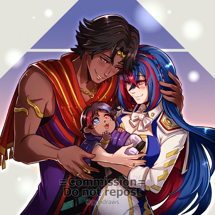 1girl 2boys alear_(female)_(fire_emblem) alear_(fire_emblem) baby bare_shoulders blue_eyes blue_hair braid couple crossed_bangs crown_braid dark-skinned_male dark_skin english_commentary family fire_emblem fire_emblem_engage fogado_(fire_emblem) gold_circlet gzei heterochromia highres long_hair multicolored_hair multiple_boys prince red_eyes red_hair split-color_hair star-shaped_pupils star_(symbol) symbol-shaped_pupils two-tone_hair very_long_hair