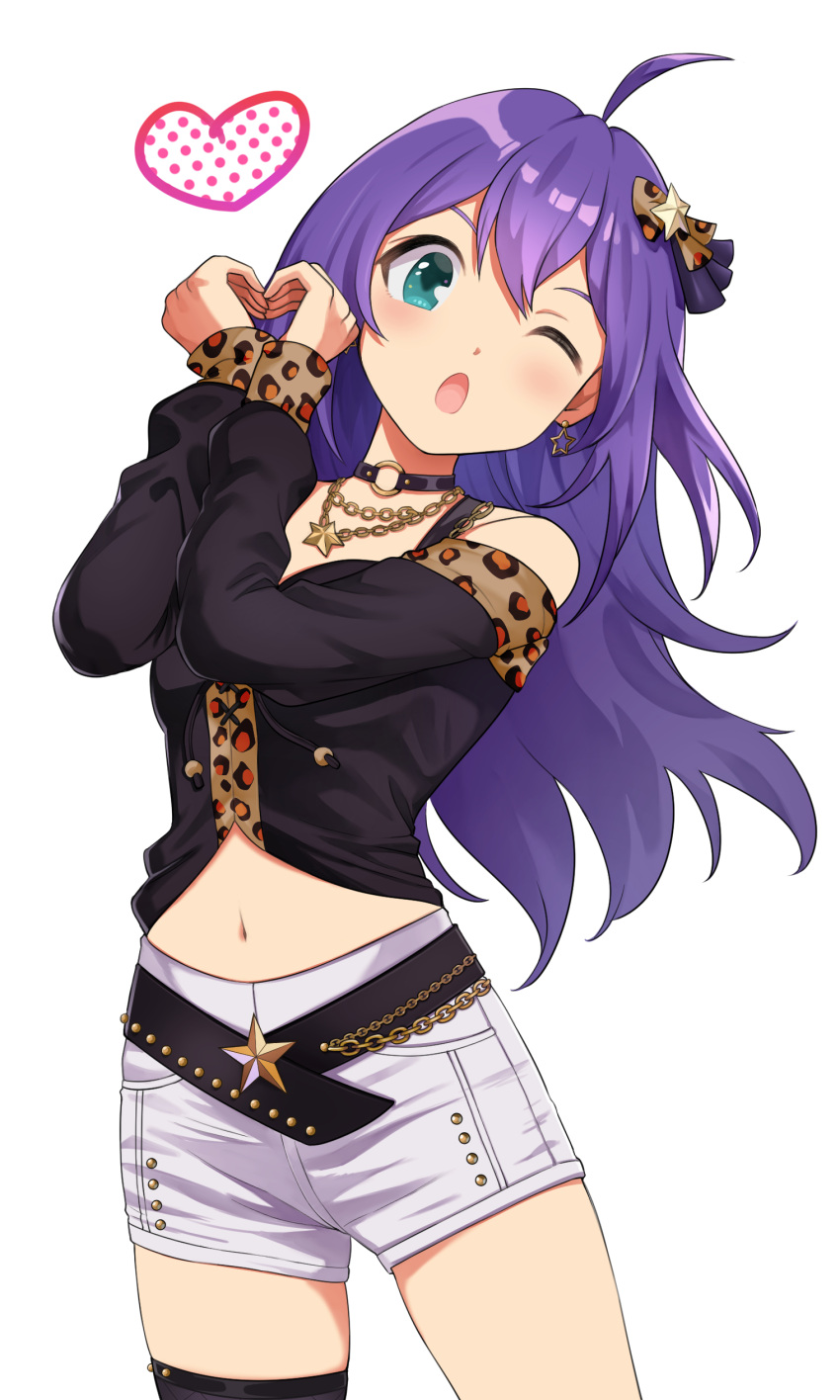 1girl absurdres ahoge belt black_belt black_choker choker commentary cowboy_shot green_eyes hanamasa_ono heart heart_hands highres idolmaster idolmaster_million_live! idolmaster_million_live!_theater_days jewelry long_hair looking_at_viewer midriff mochizuki_anna navel necklace one_eye_closed open_mouth purple_hair short_shorts shorts smile solo standing white_background white_shorts