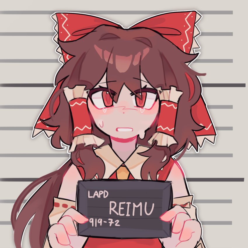 1girl arleccluv barbie_(franchise) barbie_(live_action) barbie_mugshot_(meme) bow brown_hair character_name commentary detached_sleeves english_commentary hair_bow hair_tubes hakurei_reimu height_mark highres holding holding_sign ibispaint_(medium) long_hair looking_at_viewer meme mugshot red_bow red_eyes sign solo touhou upper_body