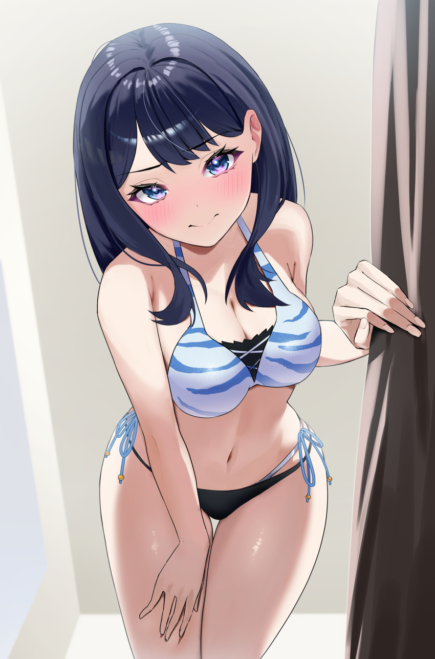 1girl absurdres bare_shoulders bikini black_hair blue_bikini blue_eyes blush breasts changing_room cleavage gridman_universe highres indoors layered_bikini long_hair looking_at_viewer medium_breasts mirror navel side-tie_bikini_bottom solo ssss.gridman string_bikini swimsuit takarada_rikka tappy_okamura thighs two-tone_bikini white_bikini