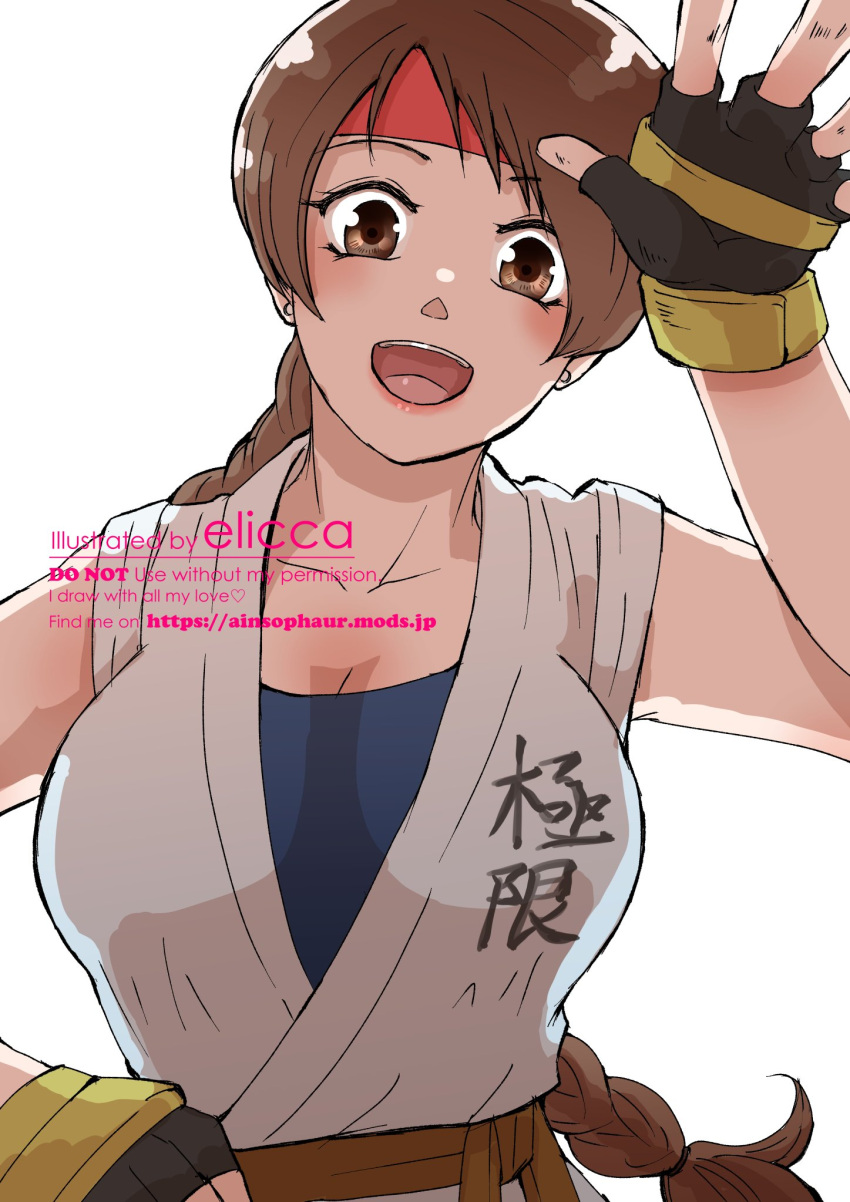 1girl breasts brown_eyes brown_hair dougi elicca fingerless_gloves gloves headband highres looking_at_viewer martial_arts_belt ponytail short_hair yuri_sakazaki