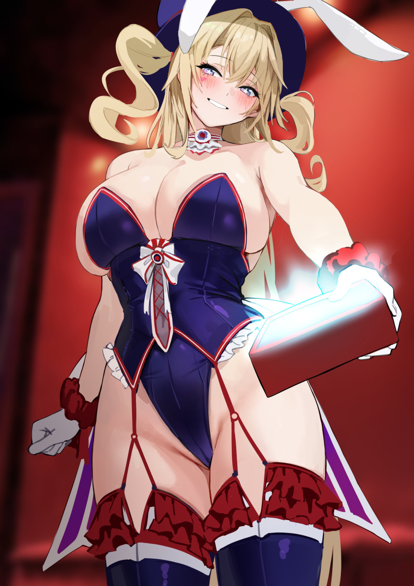 1girl absurdres animal_ears ascot azur_lane blonde_hair blue_eyes blue_headwear blue_leotard blue_thighhighs blurry blurry_background blush bow box breasts chela77 cleavage clothing_cutout coattails commentary covered_navel cowboy_shot crotch_seam drill_hair english_commentary facial_tattoo fake_animal_ears frilled_leotard frilled_thighhighs frills garter_straps gloves glowing guam_(azur_lane) guam_(stage-setting_charmer)_(azur_lane) hair_between_eyes hair_intakes hat heart heart_tattoo highleg highleg_leotard highres holding holding_box large_breasts leotard long_hair looking_at_viewer multicolored_eyes navel_cutout official_alternate_costume official_art parted_lips playboy_bunny purple_eyes rabbit_ears scrunchie second-party_source smile solo standing star-shaped_pupils star_(symbol) strapless strapless_leotard symbol-shaped_pupils tattoo thighhighs top_hat twin_drills two_side_up undersized_breast_cup very_long_hair white_ascot white_bow white_gloves wrist_scrunchie