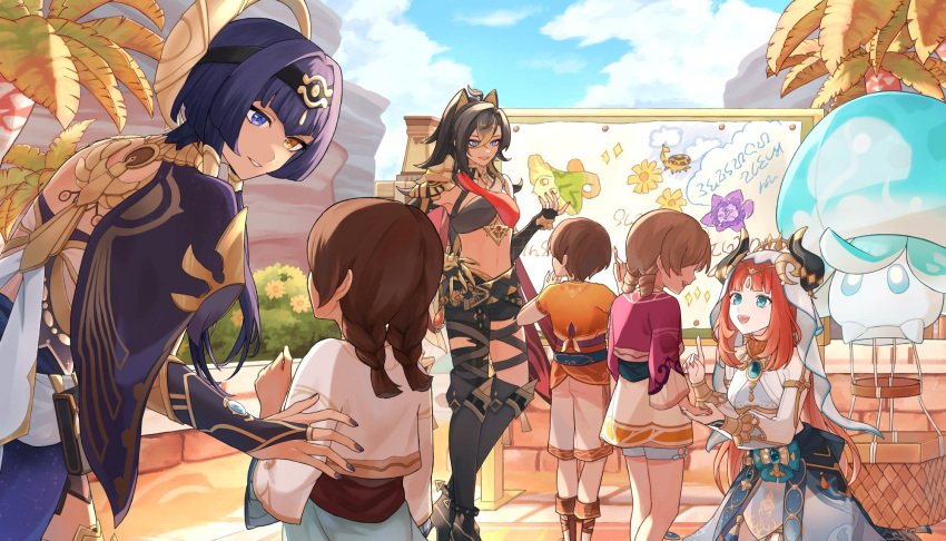 1boy 5girls :d ahoge aqua_dress aqua_eyes armor asymmetrical_clothes ayten_(genshin_impact) basket belt black_belt black_footwear black_gloves black_hairband black_pants black_shirt blue_bow blue_eyes blue_gemstone blue_skirt blue_sky blunt_bangs boots bow braid bridal_gauntlets brown_hair bush candace_(genshin_impact) capelet child claw_ring cloud commentary_request criss-cross_halter crop_top crossed_bangs crossed_belts curled_horns dark-skinned_female dark_skin day dehya_(genshin_impact) detached_sleeves dress egyptian_clothes eye_of_horus fake_horns fingerless_gloves fingernails flower fungi_(genshin_impact) gem genshin_impact gloves gold_trim hair_between_eyes hair_ears hair_intakes hairband halterneck hand_up harem_outfit headpiece heterochromia highres horns index_finger_raised karima_(genshin_impact) long_hair long_sleeves looking_at_another looking_to_the_side mountain multiple_girls nail_polish navel nawaz_(genshin_impact) nilou_(genshin_impact) open_mouth orange_shirt outdoors palm_tree pants parted_bangs parted_lips pauldrons purple_capelet purple_hair purple_nails purple_shirt red_hair red_shirt shirt short_hair short_hair_with_long_locks short_sleeves shorts shoulder_armor sidelocks single_pantsleg single_pauldron skirt sky sleeveless sleeveless_shirt smile sparkle standing stomach suitchi_(gn4othi61) sumeru_rose_(genshin_impact) teeth torn_clothes torn_pants tree twin_braids twintails two-tone_shirt upper_teeth_only veil very_long_hair vision_(genshin_impact) white_dress white_shirt white_shorts white_veil wide_sleeves yellow_eyes yellow_flower