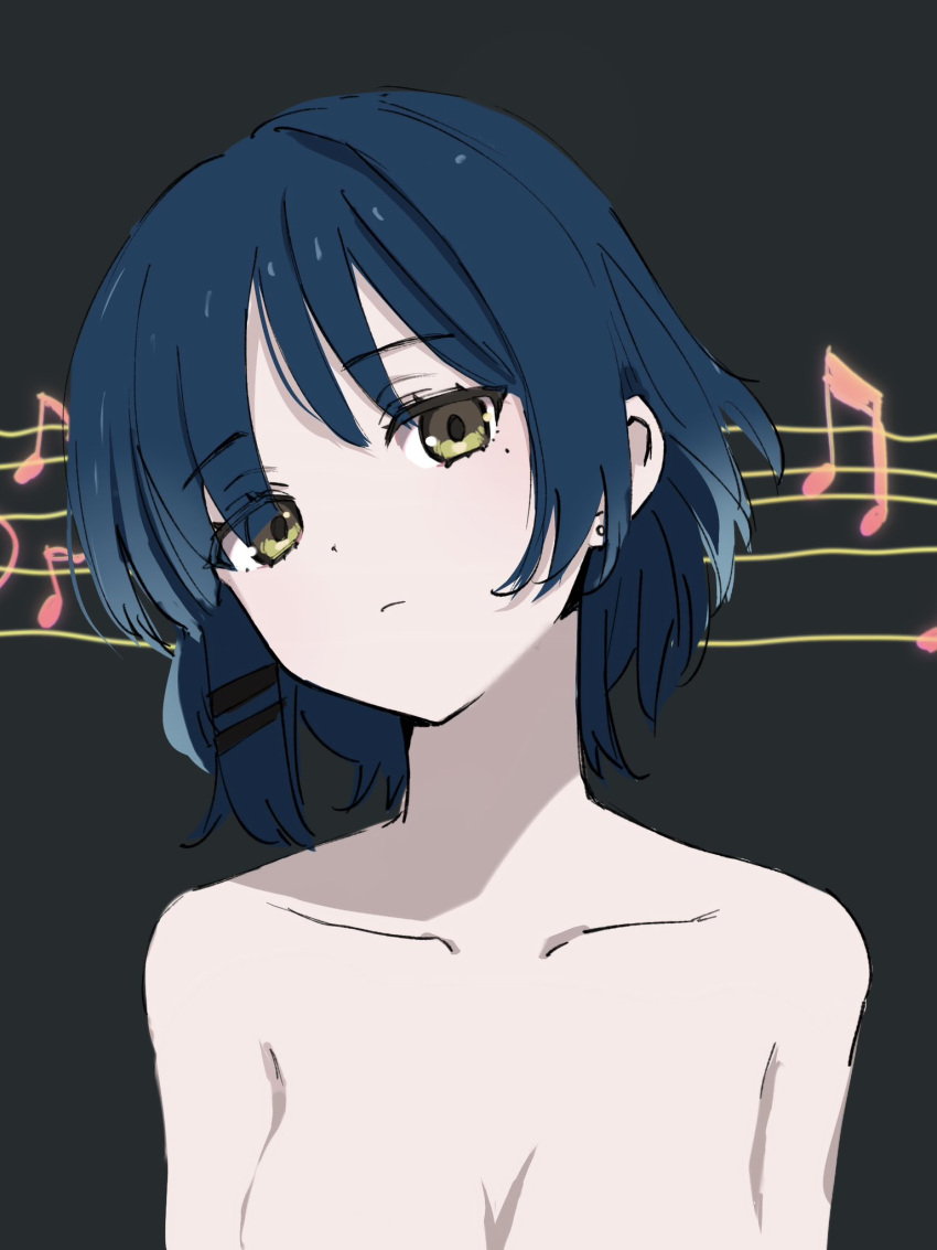 1girl bare_shoulders black_background blue_hair bocchi_the_rock! breasts closed_mouth commentary_request completely_nude don't_say_"lazy" earrings highres jewelry k-on! looking_at_viewer medium_breasts mole mole_under_eye musical_note nude parted_bangs short_hair simple_background solo stud_earrings ukitaryu upper_body yamada_ryo yellow_eyes