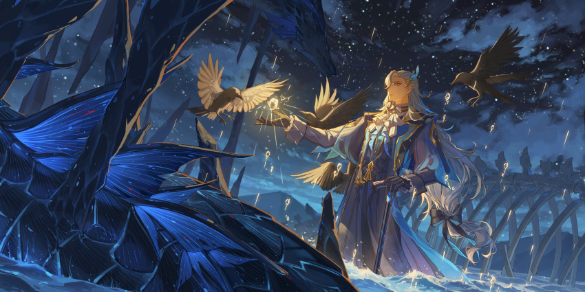 1boy absurdres ascot bird black_gloves blue_hair cane cloud dragon genshin_impact gloves highres holding holding_cane lapels light_blue_hair long_hair multicolored_hair neuvillette_(genshin_impact) night night_sky partially_submerged peaked_lapels sky solo streaked_hair very_long_hair water weimingweiran white_ascot white_hair