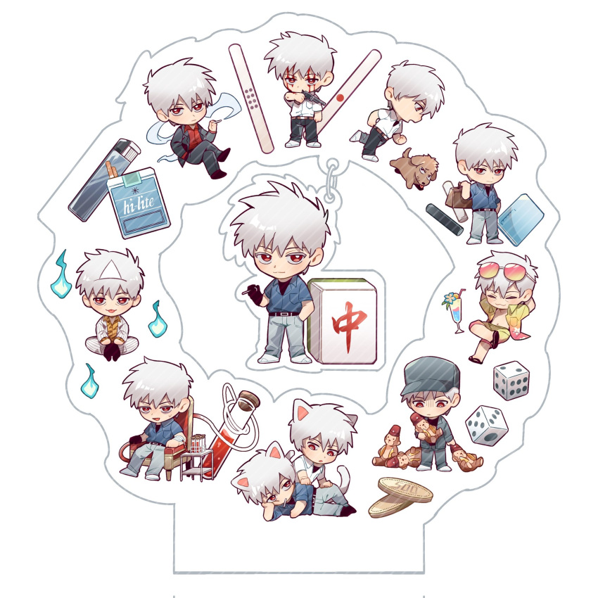 1boy :3 acrylic_stand age_progression akagi:_yami_ni_oritatta_tensai akagi_shigeru animal_ears animal_print armchair bag black_jacket black_pants black_shirt blood blood_on_face blue_shirt cat_boy cat_ears cat_tail chair chibi cigarette cigarette_pack closed_eyes closed_mouth cocktail coin collared_shirt commentary_request dice dog eyewear_on_head fukumoto_mahjong full_body grey_headwear grey_pants grey_shirt gun hair_between_eyes hawaiian_shirt highres hitodama holding holding_gun holding_weapon intravenous_drip jacket kemonomimi_mode lighter long_bangs looking_at_viewer looking_to_the_side mahjong mahjong_tile male_focus old old_man open_mouth pants pink-tinted_eyewear print_shirt red_eyes red_shirt revolver shirt short_hair simple_background sitting smile stuffed_monkey suefu table tail ten_(manga) tenbou tiger_print tinted_eyewear toy triangular_headpiece undershirt vial weapon white_background white_jacket white_pants yellow_shirt