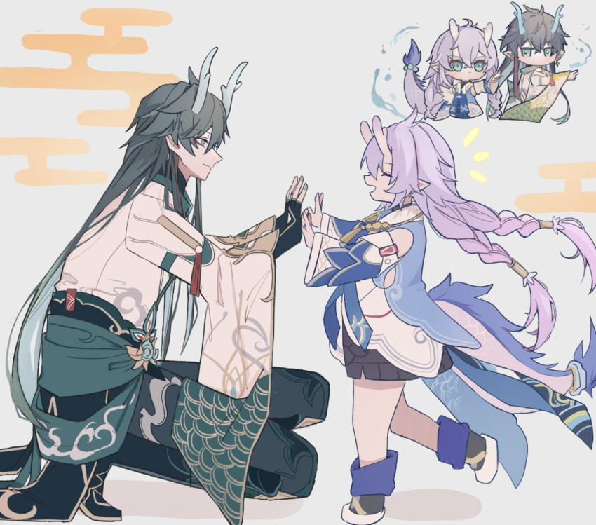 1boy 1girl :d aqua_eyes aqua_horns arm_at_side bailu_(honkai:_star_rail) black_dress black_footwear black_gloves blue_socks blue_vest boots braid chibi chibi_inset closed_eyes closed_mouth collared_jacket collared_shirt commentary_request dan_heng_(honkai:_star_rail) dan_heng_(imbibitor_lunae)_(honkai:_star_rail) detached_sleeves double_high_five dress earrings facing_another fingerless_gloves from_side gloves green_sash hands_up high_five highres honkai:_star_rail honkai_(series) horns jacket jewelry knee_boots komugiko_414 leg_up long_hair long_sleeves looking_at_another no_mouth open_mouth pointing pointy_ears print_jacket profile purple_hair purple_horns sash shirt shirt_over_dress short_dress single_earring smile socks squatting standing twin_braids very_long_hair vest waist_sash white_jacket white_shirt