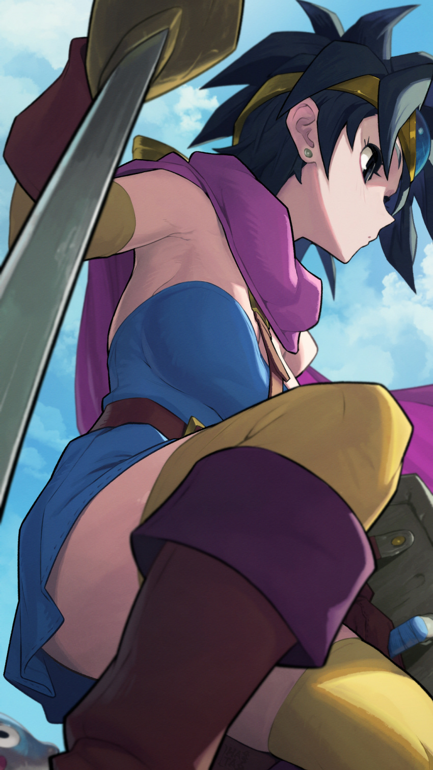 1girl black_eyes black_hair blue_sky boots breasts brown_footwear brown_gloves closed_mouth cloud day dragon_quest dragon_quest_iii gloves hata4564 headpiece heroine_(dq3) highres holding holding_sword holding_weapon kneeling medium_breasts outdoors pink_scarf roto_(dq3) scarf short_hair sky slime_(dragon_quest) solo sword thighhighs weapon yellow_thighhighs