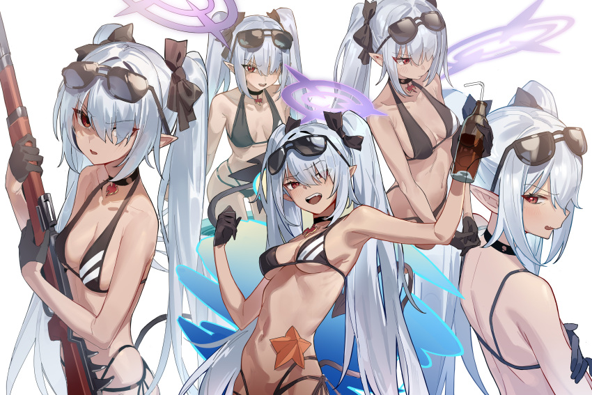 1girl absurdres armpits bikini black_bikini black_choker black_gloves black_tail blue_archive bottle breasts choker collarbone dark-skinned_female dark_skin drinking_straw eyewear_on_head gloves grey_hair gun hair_over_one_eye halo highres holding holding_bottle holding_gun holding_weapon iori_(blue_archive) iori_(swimsuit)_(blue_archive) kyo_(krokikyon) long_hair medium_breasts multiple_views official_alternate_costume open_mouth pointy_ears purple_halo red_eyes simple_background swimsuit tail twintails very_long_hair weapon white_background