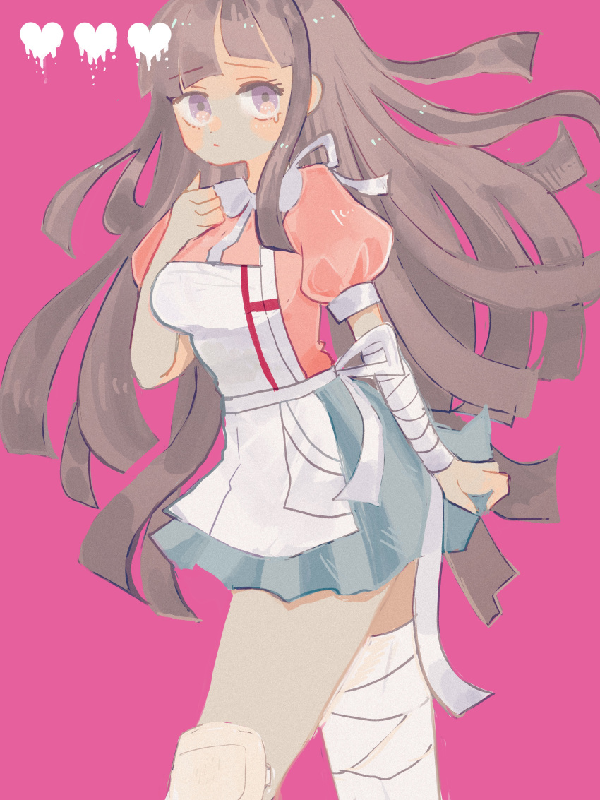 1girl absurdres apron bandaged_leg bandages bandaid bandaid_on_knee bandaid_on_leg brown_hair collared_shirt danganronpa_(series) danganronpa_2:_goodbye_despair from_side green_skirt han_(hn-khk) hand_up heart highres long_hair pink_background pink_shirt pleated_skirt puffy_short_sleeves puffy_sleeves shirt short_sleeves simple_background skirt solo tsumiki_mikan two-tone_shirt white_apron