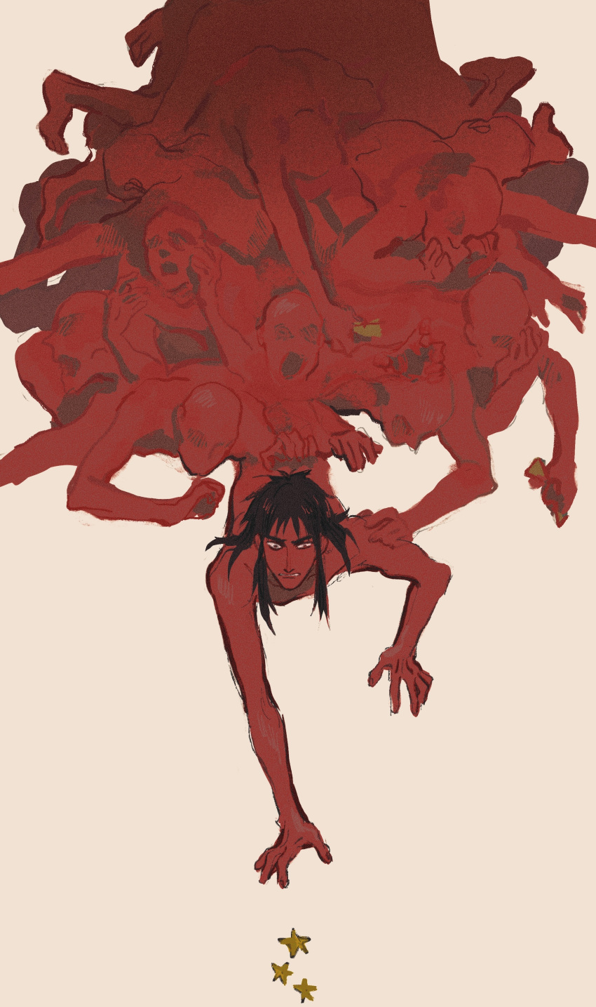 1boy 6+others absurdres black_hair clenched_teeth full_body highres itou_kaiji kaiji long_hair male_focus mimulishizi monochrome multiple_others nude pile_of_corpses reaching red_theme short_bangs sidelocks simple_background solo_focus star_(symbol) teeth