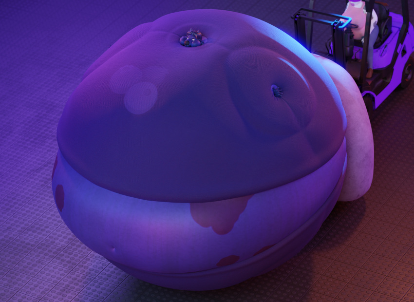 3d_(artwork) anthro belly big_breasts black_body black_fur blue_body blue_fur blue_hair blueberry_(fruit) blueberry_inflation body_inflation bovid bovine breasts cattle cheek_bulge clothed clothing digital_media_(artwork) driving duo female food forklift fruit fur hair hi_res holstein_friesian_cattle horn hyper_inflation immobile inside mammal mottled mottled_body mottled_fur navel overweight overweight_anthro overweight_female piebald piebald_body piebald_fur plant pressurepurse solo_focus spherical_inflation vehicle white_body white_fur
