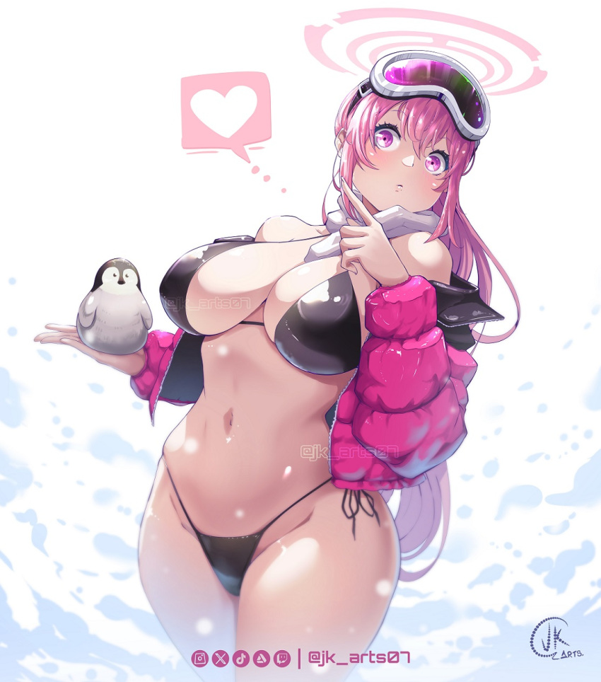 1girl bikini bird black_bikini blue_archive breasts cowboy_shot eimi_(blue_archive) eimi_(swimsuit)_(blue_archive) emperor_penguin goggles goggles_on_head halo highres holding jacket jk_arts large_breasts long_hair padded_jacket penguin pink_eyes pink_hair pink_halo pink_jacket side-tie_bikini_bottom ski_goggles swept_bangs swimsuit twitter_username