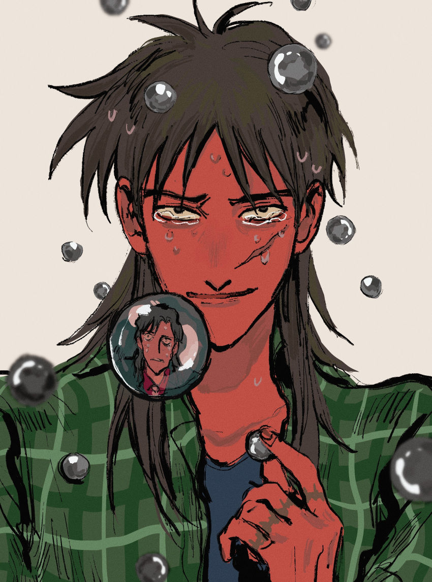 2boys absurdres ball black_hair black_shirt crying crying_with_eyes_open green_shirt grey_background highres holding holding_ball ichijou_seiya itou_kaiji kaiji long_hair looking_at_viewer male_focus medium_bangs mimulishizi multiple_boys open_mouth pachinko_ball red_shirt reflection sanpaku scar scar_on_cheek scar_on_face scar_on_hand shirt short_sleeves simple_background smile solo_focus tears undershirt upper_body