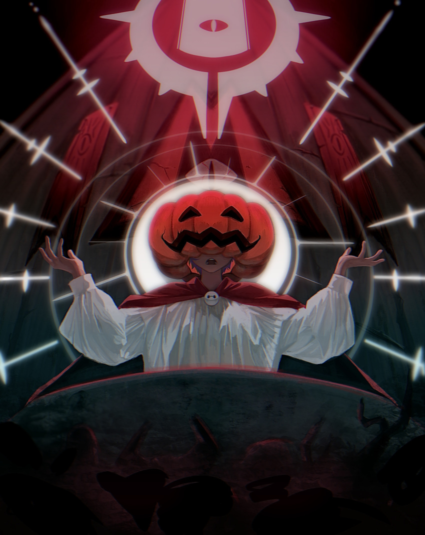 1boy absurdres altar alternate_costume banner building cape commentary_request covered_face cult_of_the_lamb facing_viewer halo highres jack-o'-lantern jack-o'_ran-tan long_sleeves male_focus napoli_no_otokotachi open_mouth puffy_long_sleeves puffy_sleeves pumpkin_mask purple_hair red_cape robe short_hair sigil solo upper_body w_arms white_robe za_(sametapizza_)
