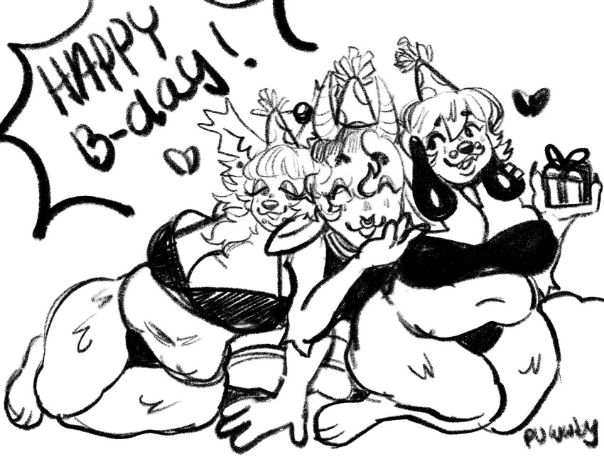 2023 2_horns anthro bangs belly big_belly big_breasts bikini birthday blush bonnie_(puwwby) bovid breasts brunkdutt canid canine canis caprine chubby_anthro chubby_gynomorph chubby_intersex clothed clothing digital_drawing_(artwork) digital_media_(artwork) domestic_dog ear_piercing eyes_closed facial_piercing floppy_ears fluffy fluffy_ears gauged_ear gift girly goat group gynomorph hair hand_on_face hat headgear headwear hi_res holding_chin holding_object honey_(puwwby) horn huge_breasts huge_hips huge_thighs inbetweening intersex kidden_eksis male male/male mammal monochrome navel nose_piercing nose_ring party_hat piercing puwwby_(artist) ring_piercing short_hair sitting sketch skimpy slightly_chubby smile smiling_at_partner swimwear thick_thighs trans_(lore) trans_man_(lore) trio wavy_hair wide_hips