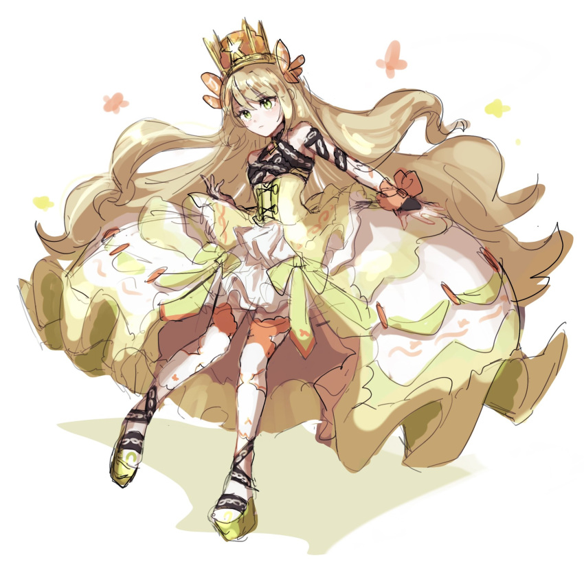 1girl blonde_hair bow butterfly_hair_ornament celine_(fire_emblem) crown dress dress_bow fire_emblem fire_emblem_engage green_eyes hair_ornament highres leon0630claude orange_gemstone orange_wristband platform_footwear princess twitch_logo wrist_bow yellow_dress