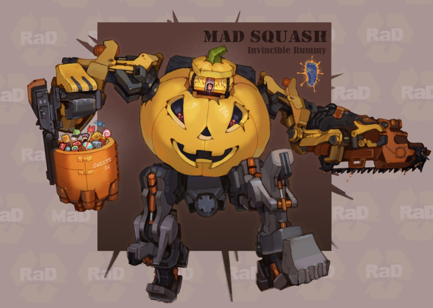 armored_core armored_core_6 brown_background chainsaw character_name full_body glowing glowing_eyes gun halloween_bucket halloween_costume hideki_kaneda highres holding holding_gun holding_weapon mad_stomp mecha mecha_focus no_humans one-eyed red_eyes robot science_fiction standing weapon
