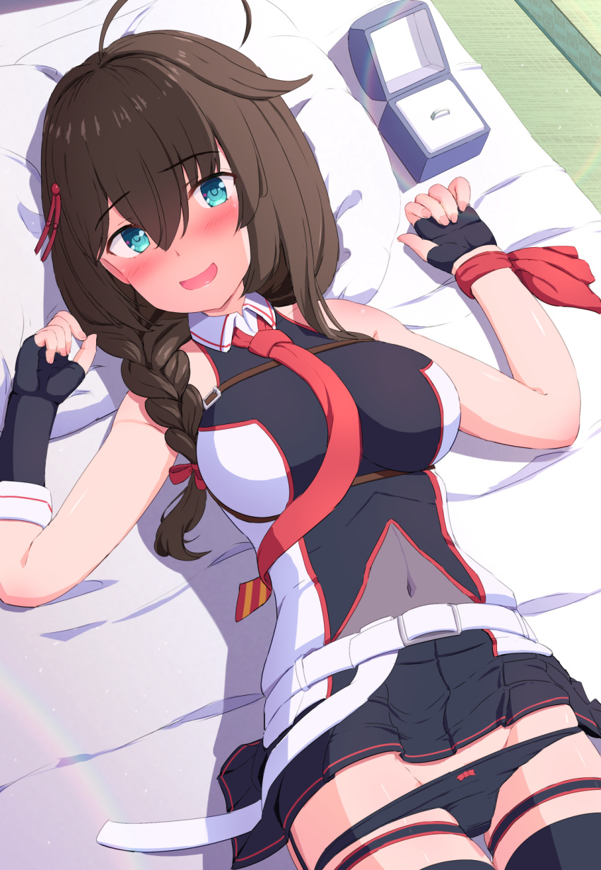 1girl ahoge bed black_gloves black_hair black_panties black_shirt black_skirt blue_eyes braid commentary_request covered_navel cowboy_shot fingerless_gloves gloves groin hair_flaps hair_over_shoulder highres jewelry kantai_collection long_hair necktie panties pillow pleated_skirt red_necktie ring ring_box shigure_(kancolle) shigure_kai_san_(kancolle) shirt single_braid skirt sleeveless sleeveless_shirt solo tsukimoto_reiji two-tone_shirt underwear