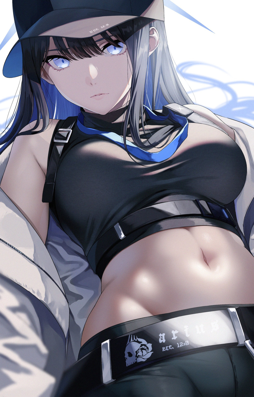 1girl absurdres baseball_cap belt black_hair black_headwear blue_archive blue_eyes breasts chest_harness coat colored_inner_hair commentary_request crop_top harness hat highres large_breasts long_hair lying midriff multicolored_hair navel no_mask on_back saori_(blue_archive) shirt sleeveless sleeveless_shirt snap-fit_buckle solo stomach white_background white_coat yuuki_shin