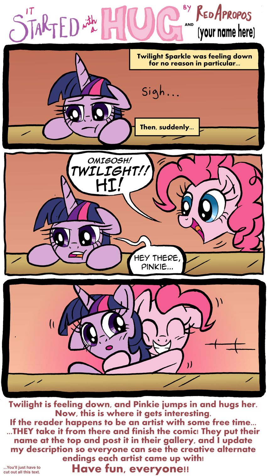 absurd_res alpha_channel blue_eyes comic cute dialog duo english_text equine female feral friendship_is_magic hair hi_res horn horse hug mammal my_little_pony pink_hair pinkie_pie_(mlp) pony purple_eyes purple_hair redapropos text twilight_sparkle_(mlp) unicorn