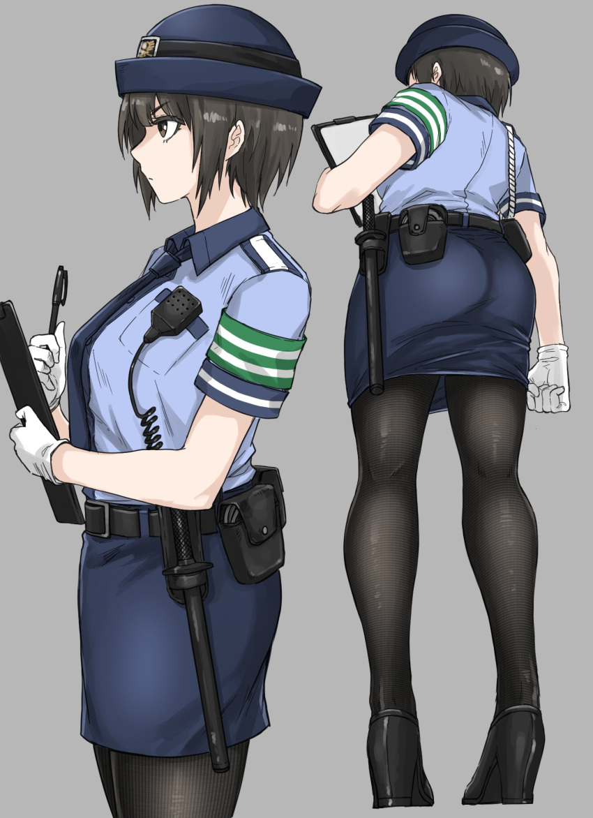 1girl adjusting_clothes ass black_pantyhose blue_headwear blue_necktie blue_shirt blue_skirt brown_eyes brown_hair fuku_(fuku12290574) gloves grey_background highres multiple_views necktie original pantyhose pencil_skirt police police_uniform policewoman serious shirt skirt solo tokyo_metropolitan_police_department uniform white_gloves