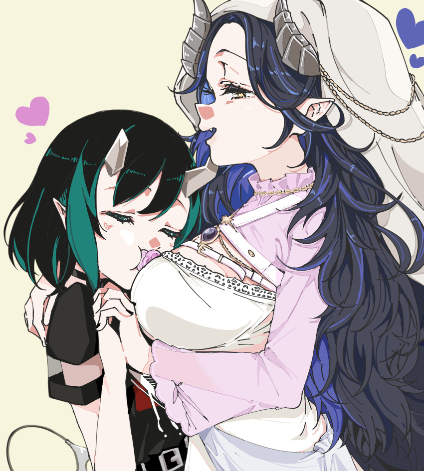 2girls absurdres between_breasts black_dress black_gemstone black_hair black_nails blue_hair breasts brown_background chest_belt coif commentary_request curled_horns demon_girl demon_horns demon_tail dress face_between_breasts grey_horns hair_between_eyes head_between_breasts heart hebiyoi_tier hebiyoi_tier_(2nd_costume) highres holding_hands horns interlocked_fingers large_breasts long_hair medium_bangs multicolored_hair multiple_girls nanashi_inc. nun open_mouth pacifier panyatteria pointy_ears red_eyes shishio_chris shishio_chris_(3rd_costume) short_hair short_sleeves simple_background smile tail two-tone_hair upper_body virtual_youtuber wavy_hair white_dress yuri