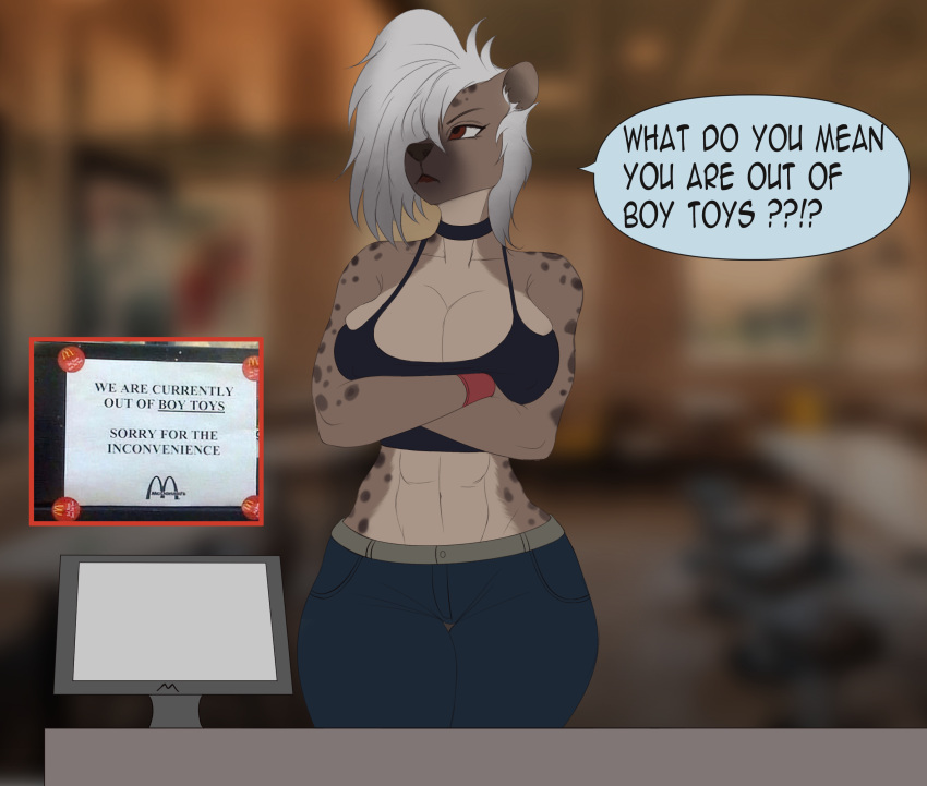 abs anthro big_breasts breasts brown_eyes choker cleavage clothed clothing countershading crossed_arms fan_character female hair hair_over_eye hi_res hyena jewelry looking_away mammal mcdonald's meme muscular muscular_female necklace one_eye_obstructed solo sunstripe tagme thigh_gap tomboy white_hair wristband