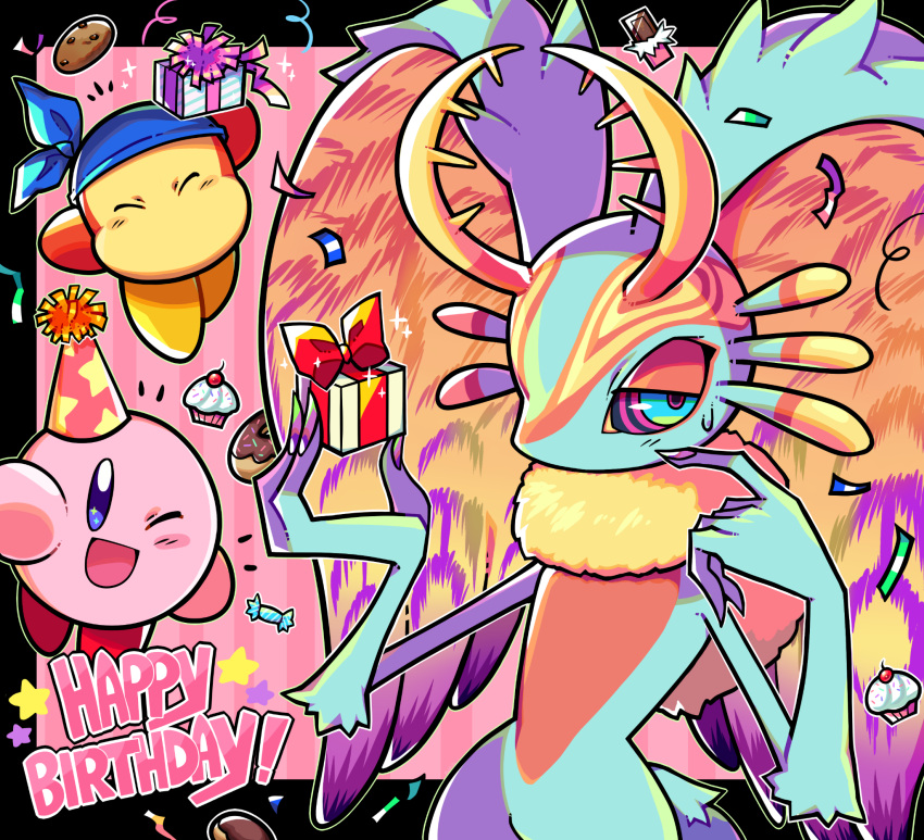 antlers bandana bandana_waddle_dee blue_bandana blushily box candy chocolate chocolate_bar closed_eyes colored_skin confetti cookie cupcake fecto_elfilis food gift gift_box happy_birthday hat highres kirby kirby_(series) kirby_and_the_forgotten_land looking_at_viewer multicolored_eyes party_hat pink_skin smile star_(symbol) sweat wing_ears yellow_fur