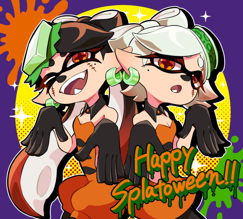 2girls :o ;d bare_shoulders black_gloves black_pantyhose bow-shaped_hair breasts callie_(splatoon) closed_mouth cousins cross-shaped_pupils detached_collar dress drop_shadow earrings facepaint fangs food food_on_head gloves gradient_hair grey_hair jewelry jumpsuit long_hair marie_(splatoon) mole mole_under_eye multicolored_hair multiple_girls object_on_head official_alternate_costume one_eye_closed open_mouth orange_dress orange_eyes orange_jumpsuit outline paint_splatter pantyhose pointy_ears red_hair short_eyebrows short_hair short_jumpsuit small_breasts smile sparkle splatoon_(series) splatoon_3 strapless strapless_dress symbol-shaped_pupils teeth tentacle_hair teo_(teorekka) two-tone_hair white_outline