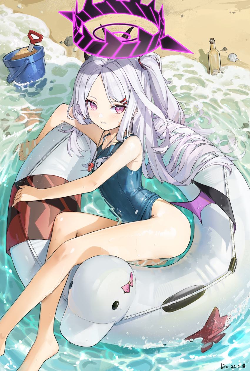 1girl absurdres bare_legs barefoot beach blue_archive blue_one-piece_swimsuit blush bottle bucket dated dor_m grey_hair halo highres hina_(blue_archive) hina_(swimsuit)_(blue_archive) long_hair looking_at_viewer name_tag on_innertube one-piece_swimsuit one_side_up pink_eyes school_swimsuit signature smile solo starfish swimsuit very_long_hair whistle whistle_around_neck