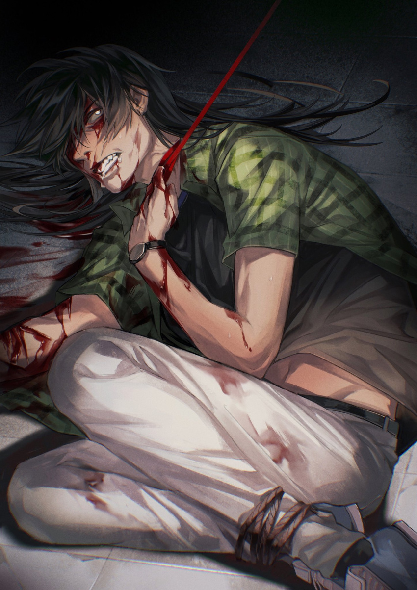 1boy angry black_hair black_shirt blood blood_on_arm blood_on_face blue_footwear clenched_teeth commentary full_body green_shirt hair_between_eyes highres itou_kaiji kaiji leash long_bangs long_hair male_focus on_floor open_clothes open_shirt pants plaid plaid_shirt pointy_nose pool_of_blood shirt shoes short_sleeves sneakers solo suefu symbol-only_commentary teeth undershirt watch white_eyes white_pants wristwatch