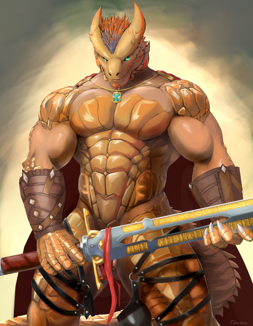 amulet anthro armor baldur's_gate baldur's_gate_3 balls biceps blue_eyes bracers cape cheek_spikes clothed clothing dragonborn_(dnd) dungeons_and_dragons english_text facial_spikes fiberll flaccid foreskin genitals greatsword harness hasbro head_spikes hi_res holding_object holding_sword holding_weapon horn humanoid_genitalia humanoid_penis jewelry male markings melee_weapon muscular muscular_male necklace orange_body orange_scales partially_clothed pecs penis purple_markings scales scalie skimpy solo spikes spikes_(anatomy) standing sword tail tan_body tan_scales text weapon wizards_of_the_coast