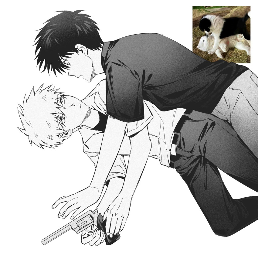 2boys akagi:_yami_ni_oritatta_tensai akagi_shigeru belt closed_mouth commentary_request dog expressionless feet_out_of_frame fukumoto_mahjong greyscale gun hair_between_eyes highres holding holding_gun holding_weapon long_bangs looking_at_another male_focus monochrome multiple_boys pants puppy reference_inset revolver short_hair short_sleeves simple_background suefu tackle tobaku_haouden_zero ukai_zero weapon