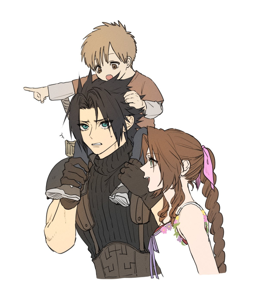 1girl 2boys aerith_gainsborough ah_yoshimizu annoyed armor belt black_footwear black_hair blue_eyes blue_pants brown_eyes brown_gloves brown_hair carrying child clenched_teeth commentary crisis_core_final_fantasy_vii cropped_torso curly_hair dress facing_to_the_side final_fantasy final_fantasy_vii flat_color furrowed_brow gloves hair_ribbon hand_in_another's_hair hand_on_another's_leg happy highres layered_sleeves long_hair looking_at_another multiple_boys open_mouth pants parted_bangs pauldrons pink_ribbon pointing pointing_to_the_side purple_ribbon ribbon shoes short_hair shoulder_armor shoulder_carry simple_background sleeveless sleeveless_turtleneck smile spaghetti_strap spiked_hair suspenders sweatdrop sword sword_on_back teeth turtleneck upper_body weapon weapon_on_back white_background white_dress zack_fair