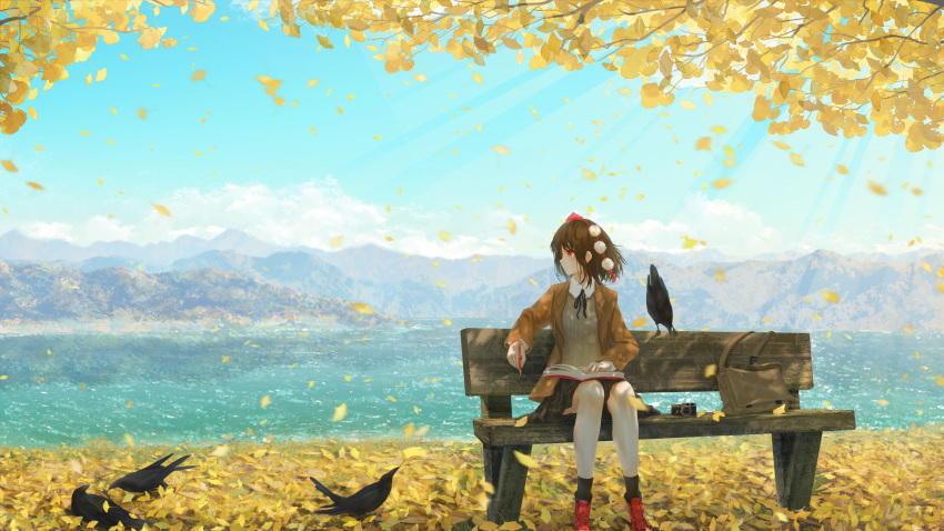 1girl absurdres autumn autumn_leaves bag bird black_hair black_skirt brown_hair brown_shirt camera cloud cloudy_sky crow digital_camera falling_leaves fasnakegod ginkgo_leaf ginkgo_tree highres jacket landscape leaf looking_to_the_side messenger_bag pom_pom_(clothes) red_eyes red_headwear river scenery shameimaru_aya shirt shoulder_bag skirt sky solo touhou yellow_jacket yellow_leaves