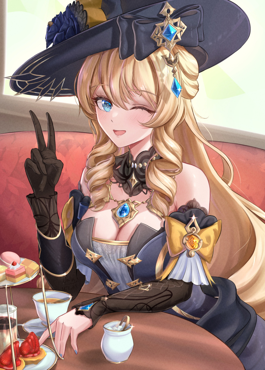 1girl bare_shoulders black_bow black_gloves black_headwear blonde_hair blue_eyes blush bow breasts checkerboard_cookie cleavage commentary cookie cup dealesis drill_hair drill_sidelocks food fruit genshin_impact gloves hand_up highres large_breasts long_hair navia_(genshin_impact) sidelocks solo strawberry teacup upper_body v very_long_hair