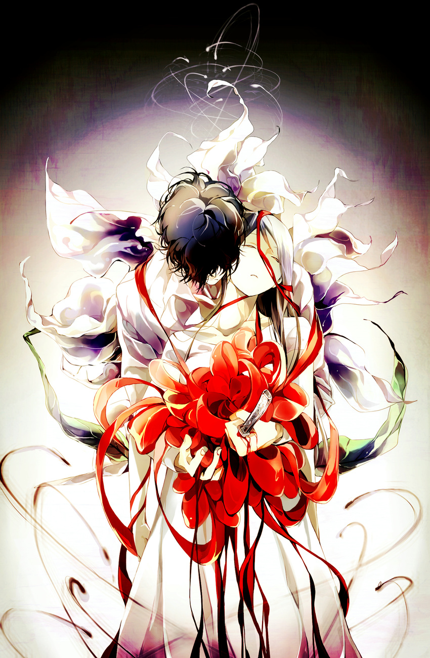 1girl arm_at_side black_hair blood breasts closed_eyes closed_mouth collarbone dress face_down floral_background flower frown hagi head_on_shoulder highres holding holding_knife injury knife leaning_back leaning_on_person long_dress long_hair long_sleeves original radwimps_(band) red_ribbon ribbon short_hair short_sleeves stabbed standing white_dress
