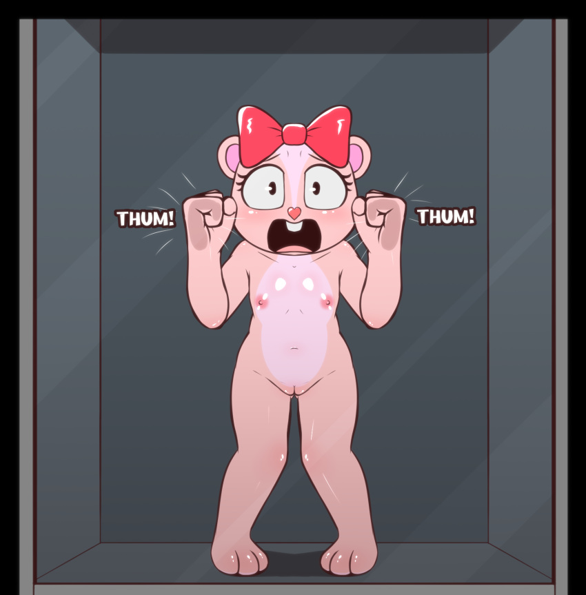anthro blush caught e254e female genitals giggles_(htf) happy_tree_friends hi_res nipples pink_body pussy solo text