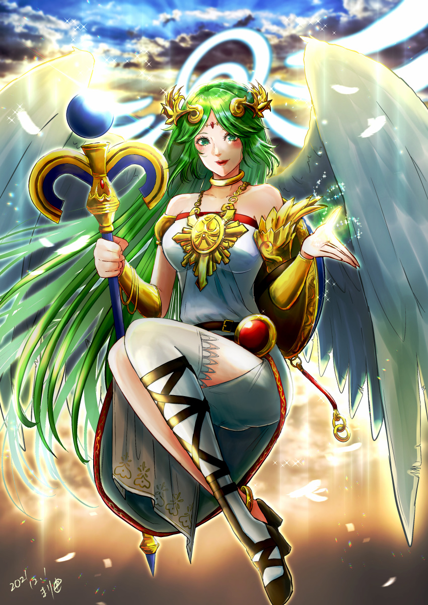 1girl absurdres bare_shoulders breasts chain dated diadem dress eva02asuka0608 feathers forehead_jewel full_body gold_chain green_hair high_heels highres holding holding_staff kid_icarus kid_icarus_uprising large_breasts looking_at_viewer palutena parted_lips shield sky solo sparkle staff strapless strapless_dress vambraces wings