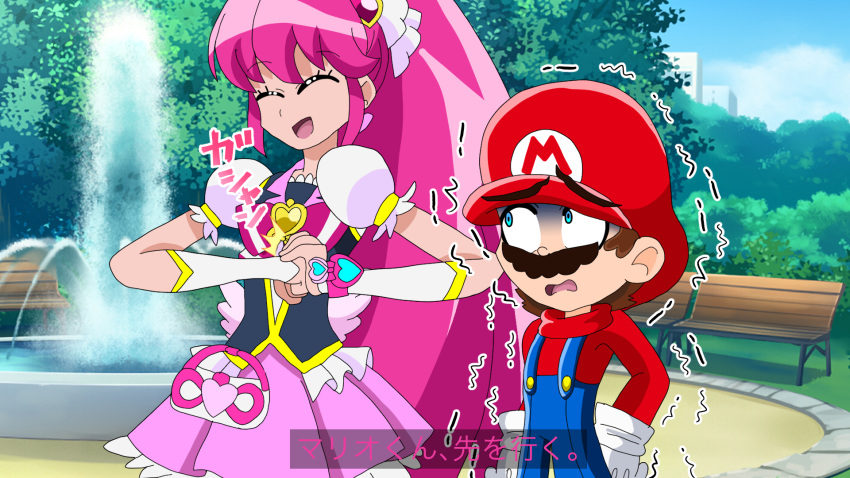 1boy 1girl aino_megumi alex-sama blue_eyes blue_overalls brooch cracking_knuckles crossover earrings facial_hair hair_ornament happinesscharge_precure! hat heart heart_brooch heart_earrings heart_hair_ornament highres i_think_we're_gonna_have_to_kill_this_guy_steven_(meme) jewelry long_hair magical_girl mario mario_(series) meme mustache overalls pink_eyes pink_hair ponytail pouch precure puffy_short_sleeves puffy_sleeves red_headwear red_shirt sadism scared shirt short_hair short_sleeves smile trembling turn_pale upper_body