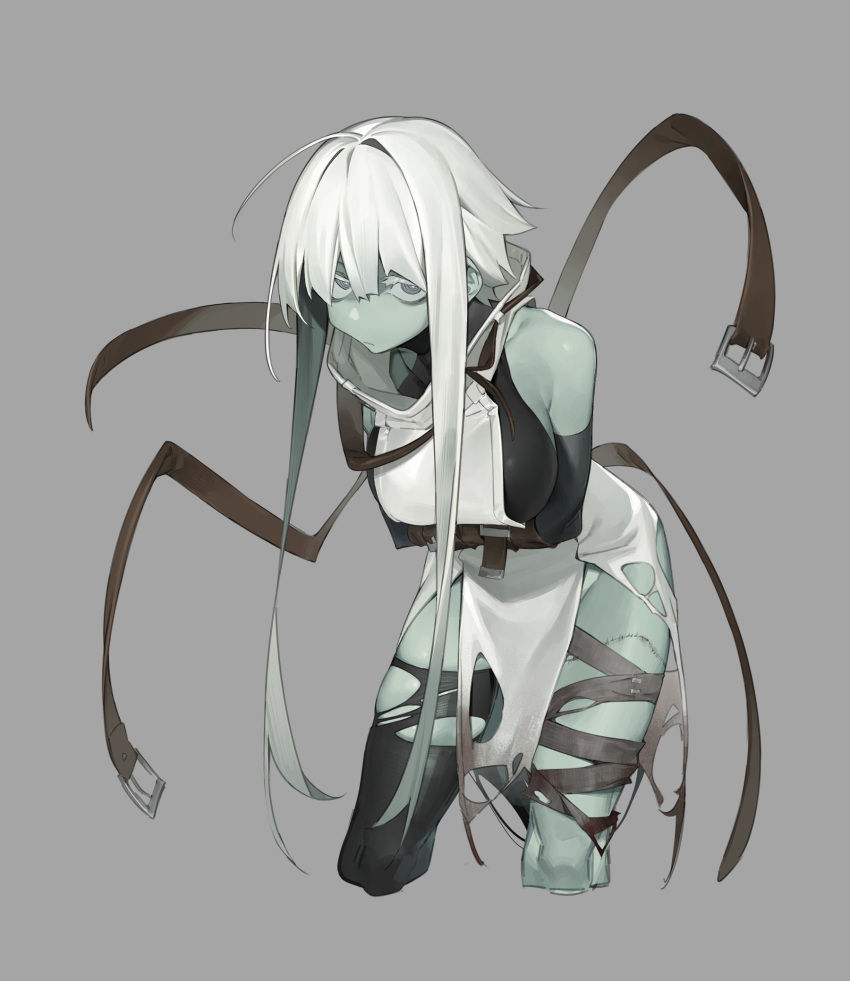 1girl amrkdrw bandages bare_shoulders belt belt_buckle borrowed_character bound bound_arms buckle colored_skin elis_valentine green_eyes green_skin grey_background highres looking_at_viewer original short_hair_with_long_locks single_thighhigh solo stitches straitjacket thighhighs torn_clothes white_hair