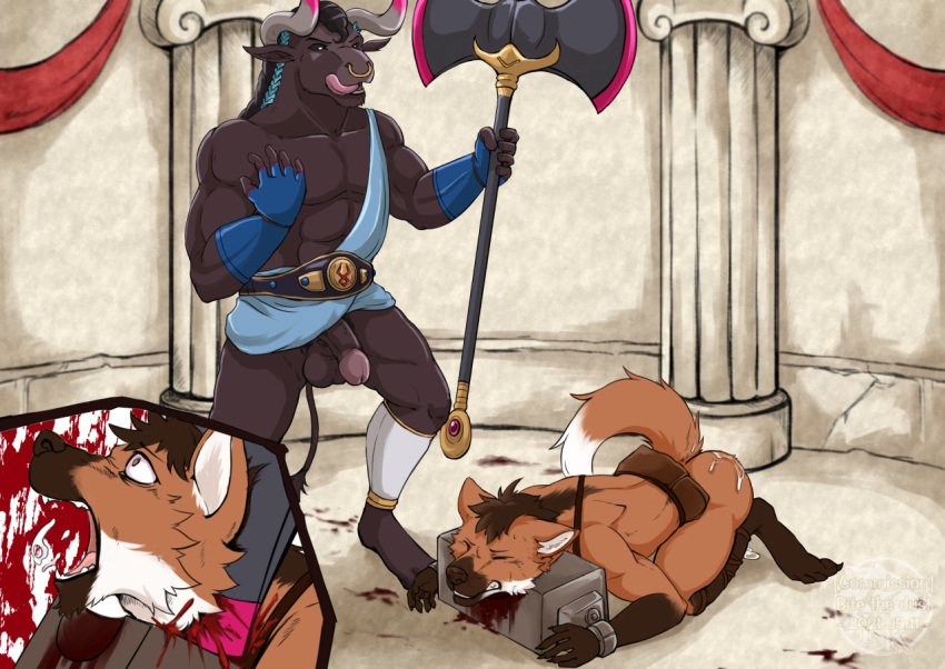 anthro arena asterius_(hades) axe baroque_(artist) blood bodily_fluids bound brown_body canid canine chopping_block clothed clothing cuff_(restraint) cum cum_inside death decapitation duo execution executioner genital_fluids genitals gore hades_(game) imminent_death male male/male mammal maned_wolf mostly_nude orange_body penis prisoner punishment restraints snuff submissive submissive_male