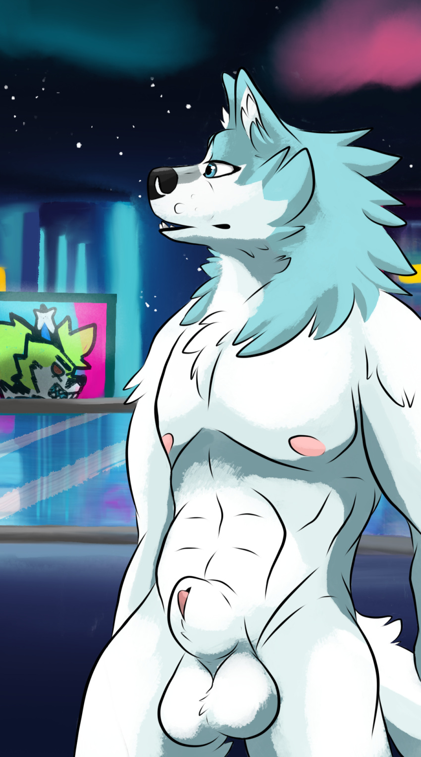 animal_genitalia anime_style anthro balls billboard blue_body blue_eyes blue_fur brand_new_animal canid canine canis city cityscape fluffy fur genitals glass green_body hi_res inner_ear_fluff kitchidrachenblut knot looking_away male mammal muscular neck_tuft neon_lights penis penis_tip red_eyes rib_cage sheath shirou_ogami slim solo studio_trigger tail terrace thick_thighs tuft white_body wolf